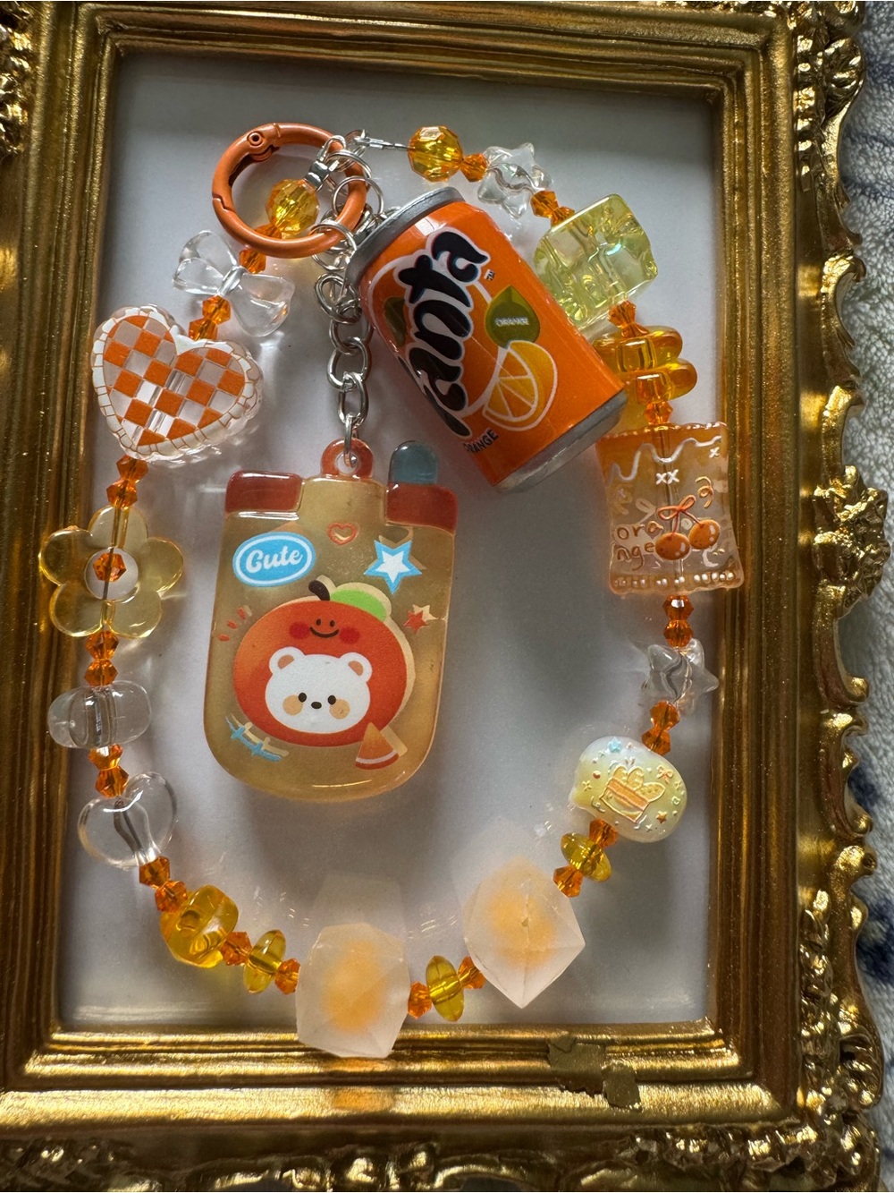 Orange Fanta Beaded Bag Charm with Cute Bear B